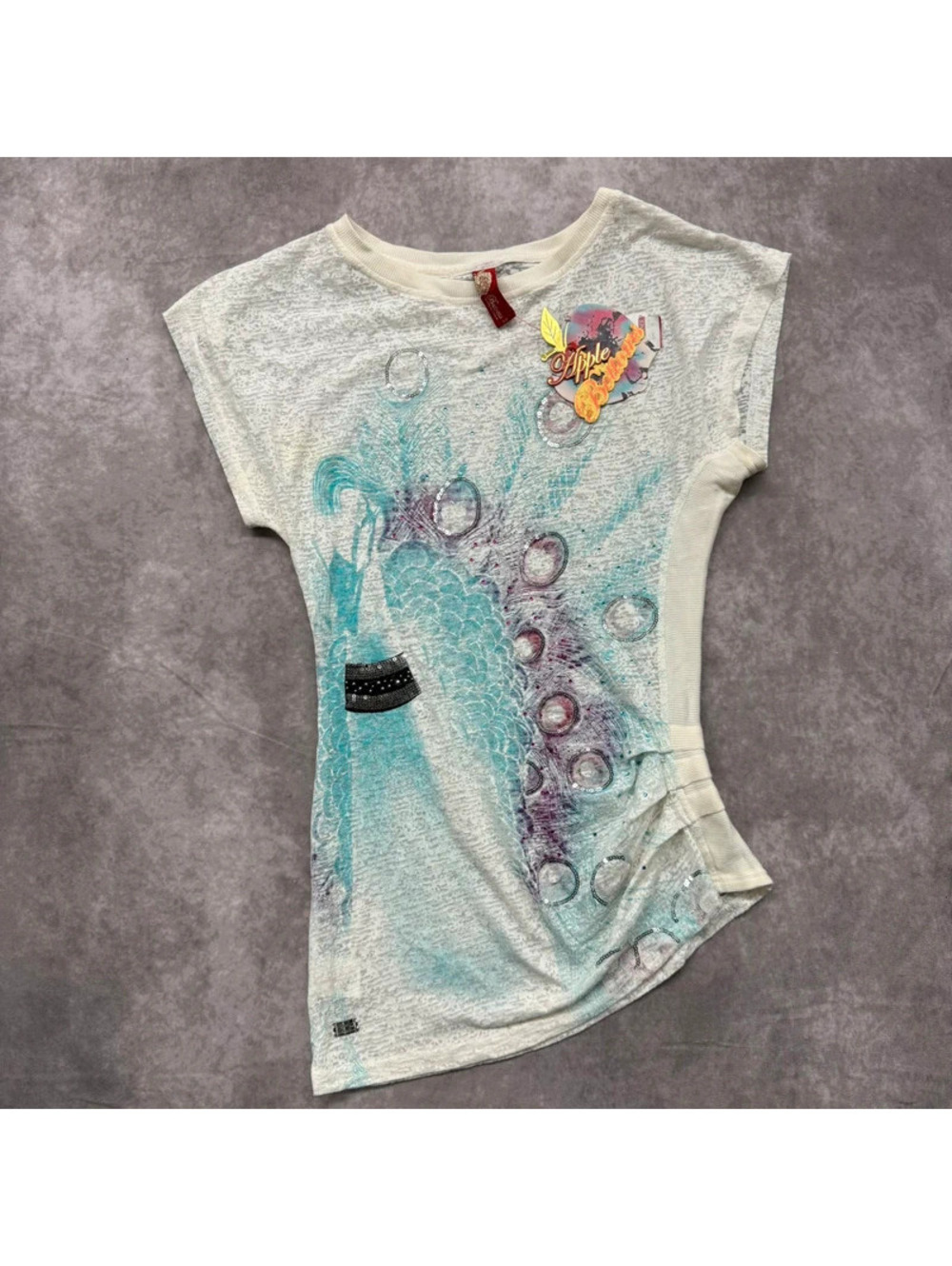 Vintage Y2K Apple Bottoms Burnout Peacock Sequin Asymmetrical Shirt Small NWT